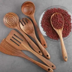 Köksutrustningsset-6 delar köksredskapsset i teak för non-stick köksredskap, träspatel, gaffel, spatel, slev, pass