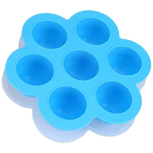7 Hål Silikon Äggform Återanvändbar Förvaringsbehållare Barnmat Frysbrickor med Lock Blå