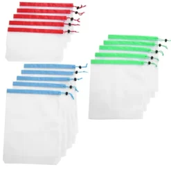 15 st. 3 storlekar dragskonätpåsar återanvändbara diverse leksaksfrukter och grönsaker förvaringsstans