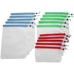 15 st. 3 storlekar dragskonätpåsar återanvändbara diverse leksaksfrukter och grönsaker förvaringsstans