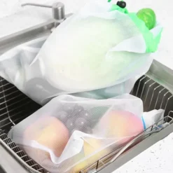 15 st. 3 storlekar dragskonätpåsar återanvändbara diverse leksaksfrukter och grönsaker förvaringsstans