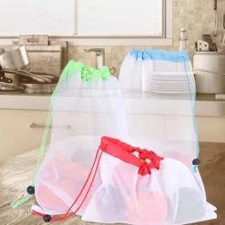 12 st återanvändbara frukt- och grönsakspåsar miljövänliga polyesternät grönsaks- och fruktleksaker förvaring