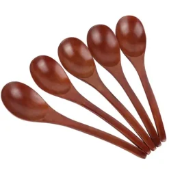 Matbestick-5 st träsoppskedar med böjt handtag, multifunktionell rissked för hemmakök (färgad)