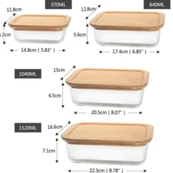 4 stycken glas matlådor med bambu lock i olika storlekar