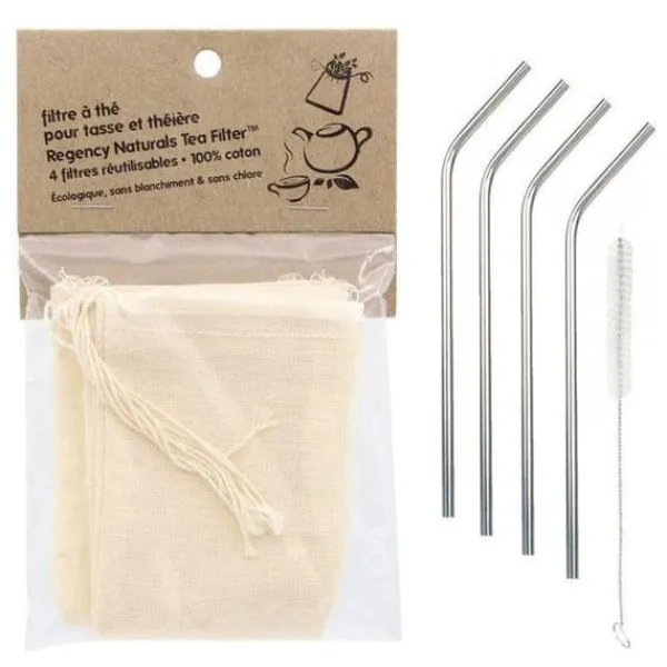 4 återanvändbara tefilter i bomull + 4 sugrör i rostfritt stål