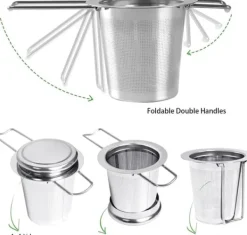 1 tesil i rostfritt stål med vikbara dubbla handtag och lock, kan hängas på tekannor, koppar, muggar, för att brygga löst te och kaffe