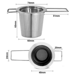 1 tesil i rostfritt stål med vikbara dubbla handtag och lock, kan hängas på tekannor, koppar, muggar, för att brygga löst te och kaffe