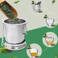 1 tesil i rostfritt stål med vikbara dubbla handtag och lock, kan hängas på tekannor, koppar, muggar, för att brygga löst te och kaffe