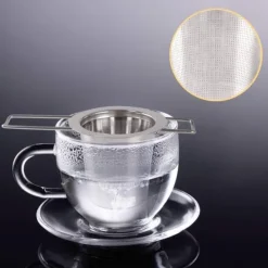 1 tesil i rostfritt stål med vikbara dubbla handtag och lock, kan hängas på tekannor, koppar, muggar, för att brygga löst te och kaffe