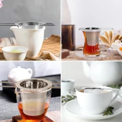 1 tesil i rostfritt stål med vikbara dubbla handtag och lock, kan hängas på tekannor, koppar, muggar, för att brygga löst te och kaffe