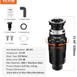 Avfallskvarn, 15x15x33,5 cm, Rostfritt stål