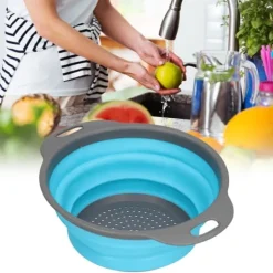 Avloppskorg Silikon Rund Hopfällbar Fruktavlopp Grönsakstvättkorg med Handtag för Hemkök Blå Stor