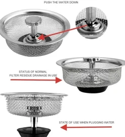 Avloppssil diskbänkssil med plugg med handtag rostfritt stål Silver 1-pack