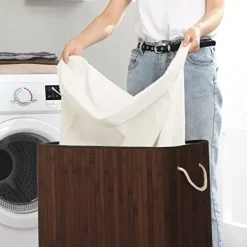 Tvättutrustning-Bambu tvättkorg - tvättställ med 2 fack - bricka - med lock - 100 l