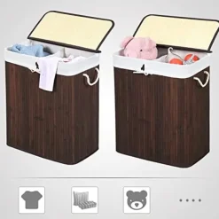Tvättutrustning-Bambu tvättkorg - tvättställ med 2 fack - bricka - med lock - 100 l