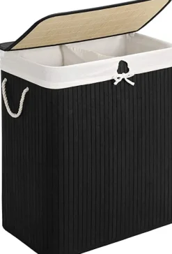 Tvättutrustning-Bambu tvättkorg - tvättställ med 2 fack - bricka - med lock - 100 l