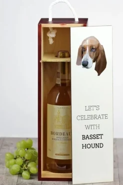 Vinflaskhållare-Basset Hound - en geometrisk låda med ett foto och en inskription för Art-Dog-vin