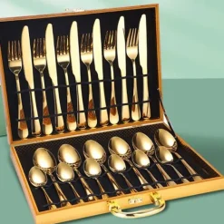 Matbestick-Bestick - TD® - 24-delarsset - Guldiga - Rostfritt Stål - Modern Design