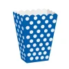 blå popcornlådor med vita prickar