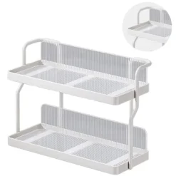 Bänkskiva Hylla Organizer Kolstål 2-vånings multifunktionellt kök Kryddställ för sovrum Badrumsskåp under diskbänk Krämvit