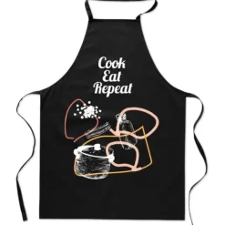 Förkläden-Bomullssvart FÖRKLÄDE MED TRYCK kök Laga Mat Äta Upprepa dam herr