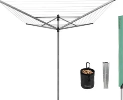 Tvättutrustning-Brabantia Lift-O-Matic Rotary Airer Washing Line with 45mm Metal Soil Spear and Accessories, 50 m - Silver