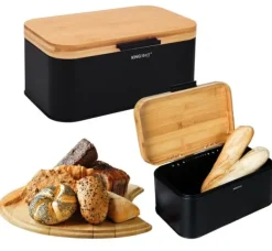 Brödlådor & Brödpåsar-Brödkärl i stål med bambuöverdrag KINGHOFF KH-1735