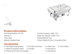 Chafing Dish, 8 Qt kapacitet, rostfritt stål konstruktion,4 paket