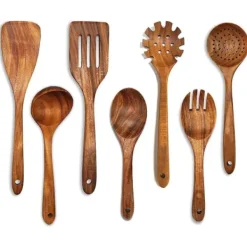 Köksutrustningsset-7-Delad träslev Set för matlagning, Akacia träredskap, Träslev Set för kök