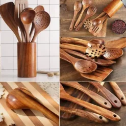 Köksutrustningsset-7-Delad träslev Set för matlagning, Akacia träredskap, Träslev Set för kök