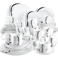 50/100-delars porslinsmiddagsservis, mikrovågsugn och diskmaskinssäker, svart linjedesign,50 stycken