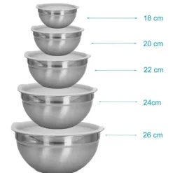 Tallrikar & Bordsserviser-5-delat skålset blandningsskålar med lock av rostfritt stål - 18 x 9,5 / 20 x 10 / 22 x 11 / 24 x 12 / 26 x 12,5 cm - salladsskål serveringsskål