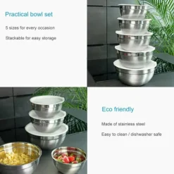 Tallrikar & Bordsserviser-5-delat skålset blandningsskålar med lock av rostfritt stål - 18 x 9,5 / 20 x 10 / 22 x 11 / 24 x 12 / 26 x 12,5 cm - salladsskål serveringsskål