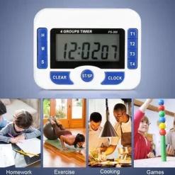 Äggklockor-Digital kökstimer, 4-kanals köksnedräkningstimer med LCD-display, hopfällbart stativ och upphängningshål, magnetisk baksida (vit + blå)