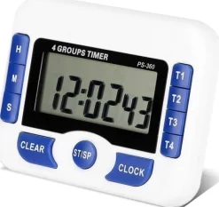 Äggklockor-Digital kökstimer, 4-kanals köksnedräkningstimer med LCD-display, hopfällbart stativ och upphängningshål, magnetisk baksida (vit + blå)