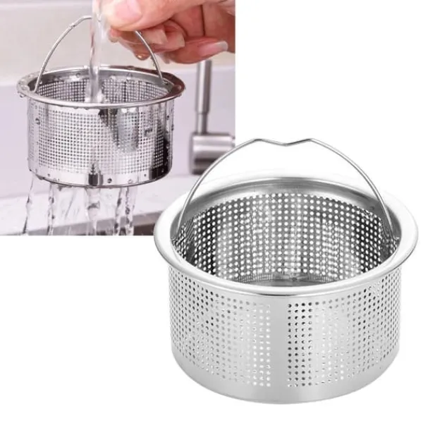 Silar-Diskbänkssil med handtag 304 rostfritt stål diskbänksavlopp Djup kopp korgsil 3 tum ytterdiameter