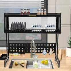 Diskställ & Torkställ-Diskställ - Över diskbänk torkställ - Utdragbar - Rosttålig - Mått 84,5×28×31 cm - Max belastning 100 kg - Kolstål och PP - Svart