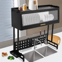 Diskställ & Torkställ-Diskställ - Över diskbänk torkställ - Utdragbar - Rosttålig - Mått 84,5×28×31 cm - Max belastning 100 kg - Kolstål och PP - Svart