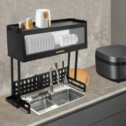 Diskställ & Torkställ-Diskställ - Över diskbänk torkställ - Utdragbar - Rosttålig - Mått 84,5×28×31 cm - Max belastning 100 kg - Kolstål och PP - Svart