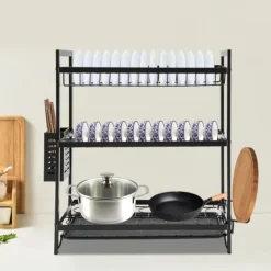 Diskställ & Torkställ-Diskställ för kök - 3-vånings diskställ - Järn - Droppbricka - Bestickhållare - Fristående - Svart