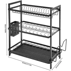 Diskställ & Torkställ-Diskställ för kök - 3-vånings diskställ - Järn - Droppbricka - Bestickhållare - Fristående - Svart
