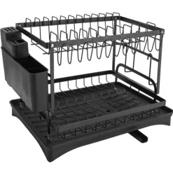 Diskställ för köksbänk - Torkställ för disk - Två Våningar - Avloppspip - Bestickhållare - Droppbricka - 42x30x29 cm - Svart