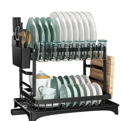 Diskställ, 2-nivådesign, integrerat dräneringssystem,svart, 2-nivå