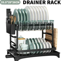 Diskställ, 2-nivådesign, integrerat dräneringssystem,svart, 2-nivå