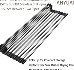 Diskställ över diskbänken - Upprullningsbart och hopfällbart rostfritt stål - Platsbesparande avrinningsställ