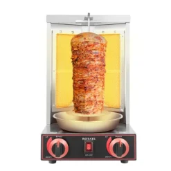 Döner Kebab/Shawarma Grill - Vertikal Gasgrill - Automatisk Rotation - 2 Brännare - Vredkontroll - Kommersiell - Silver