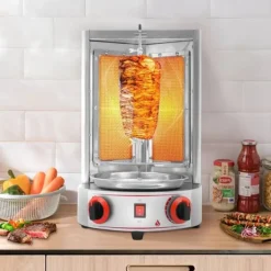 Döner Kebab/Shawarma Grill - Vertikal Gasgrill - Automatisk Rotation - 2 Brännare - Vredkontroll - Kommersiell - Silver