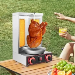 Döner Kebab/Shawarma Grill - Vertikal Gasgrill - Automatisk Rotation - 2 Brännare - Vredkontroll - Kommersiell - Silver
