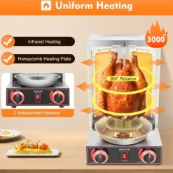 Döner Kebab/Shawarma Grill - Vertikal Gasgrill - Automatisk Rotation - 2 Brännare - Vredkontroll - Kommersiell - Silver