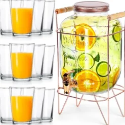 Dryckesburk med kran och guldfärgat stativ 5,5 l + 12 glas 200 ml